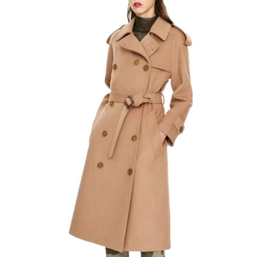 

New arrival classic double breasted long woolen coat women autumn winter slim belted overcoat