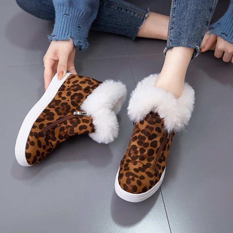 Leopard Print Women's Winter Boots Low Heel Round Toe Rubber Cotton Shoes Plus Velvet Zipper Women'S Boots Large Size 35-43