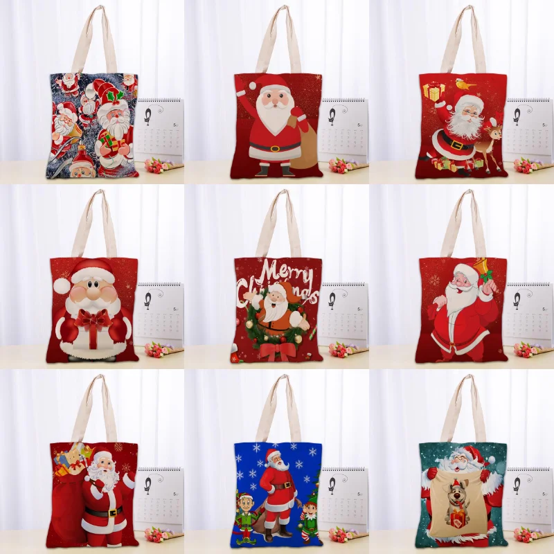 

Cartoon Santa Claus Tote Shopping Bags 30x35cm Christmas Ornaments Tote Bag Reusable Handbag Women Shoulder Cloth Pouch Foldable