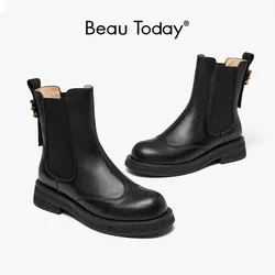 BeauToday Chelsea Boots kobiety skóra cielęca akcentem okrągły nosek gumką metalowa klamra wystrój panie buty Handmade 04047