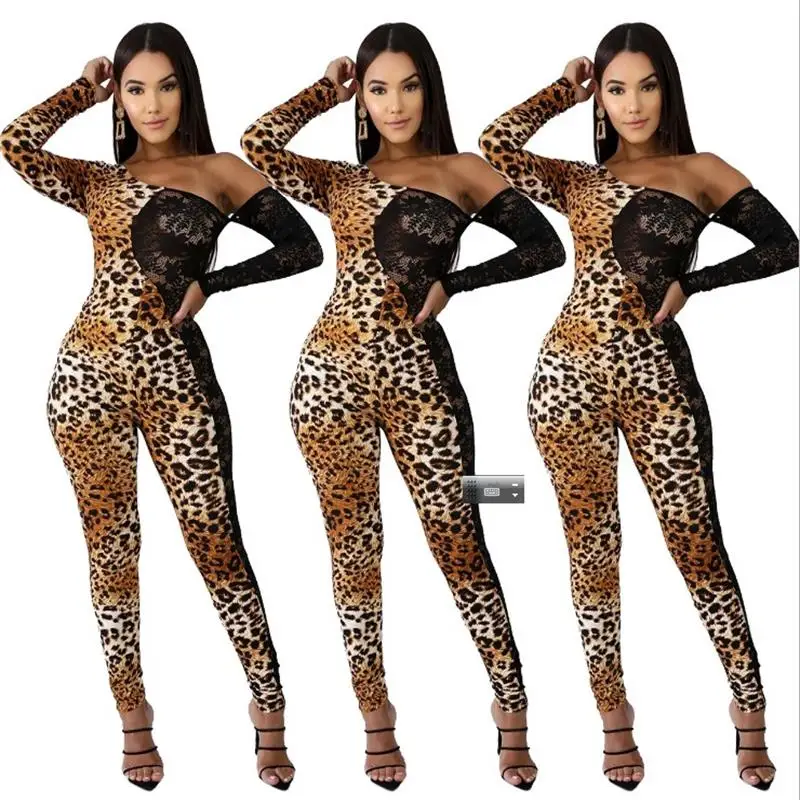 2020 baru macan tutul cetak lengan panjang musim gugur wanita jumpsuit Celana coklat Renda Fashion Wanita Slim Seksi Bodycon Celana Kodok