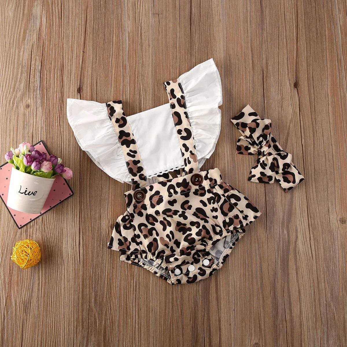 Newborn Baby Girl Two-piece Outfit Clothes Leopard Ruffle Summer Cute Romper Casual Buttons Jumpsuit for 0-24M Baby Clothing