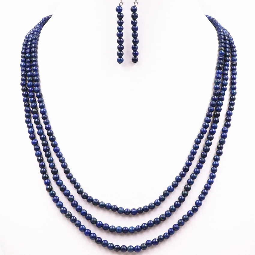 Natural Stone Lapis Lazuli Beads Necklace Earrings Jewelry Set for Women Jaspers 4mm Round Statement Party Weddings 17-19inch