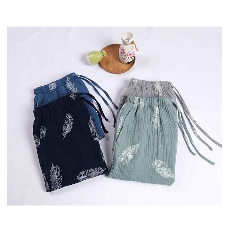 Japanese Retro Style Cotton Fashion Feather Print Pleated Men's Casual Beach Shorts Summer Home Pants Sleep & Lounge Wear