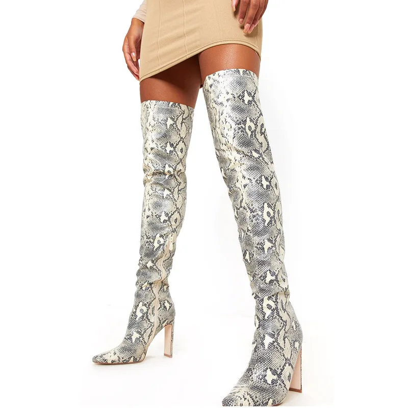 Grey Snake Leather Oblate Heels Over Knee Boots Lady Python Pattern Pointed Toe Thin Heels Thigh Boots Knight Boots