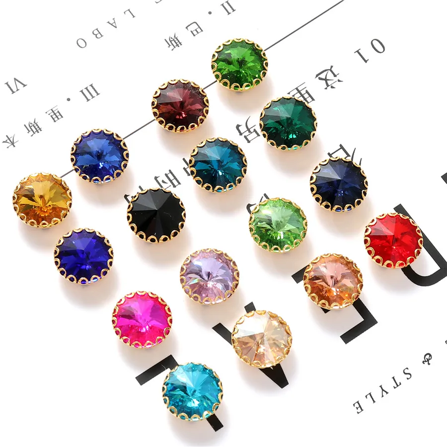 New 6 Sizes Round Shape Glass Sew On Gemstones With Golden Base Crystal Sewing Rhinestones for Clothes Shoes Needlework