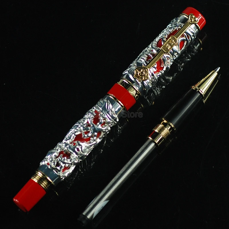 

Jinhao Business Dragon Phoenix Vintage Rollerball Pen, Metal Carving Embossing Heavy Pen, Silver & Red For Office School