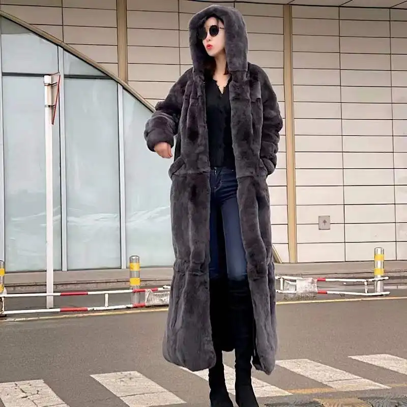 2021winter Women Real Rex Rabbit Fur Coats With Hooded Natural Whole Skin Genuine Rex Rabbit Fur Long Jackets Overcoat Luxury