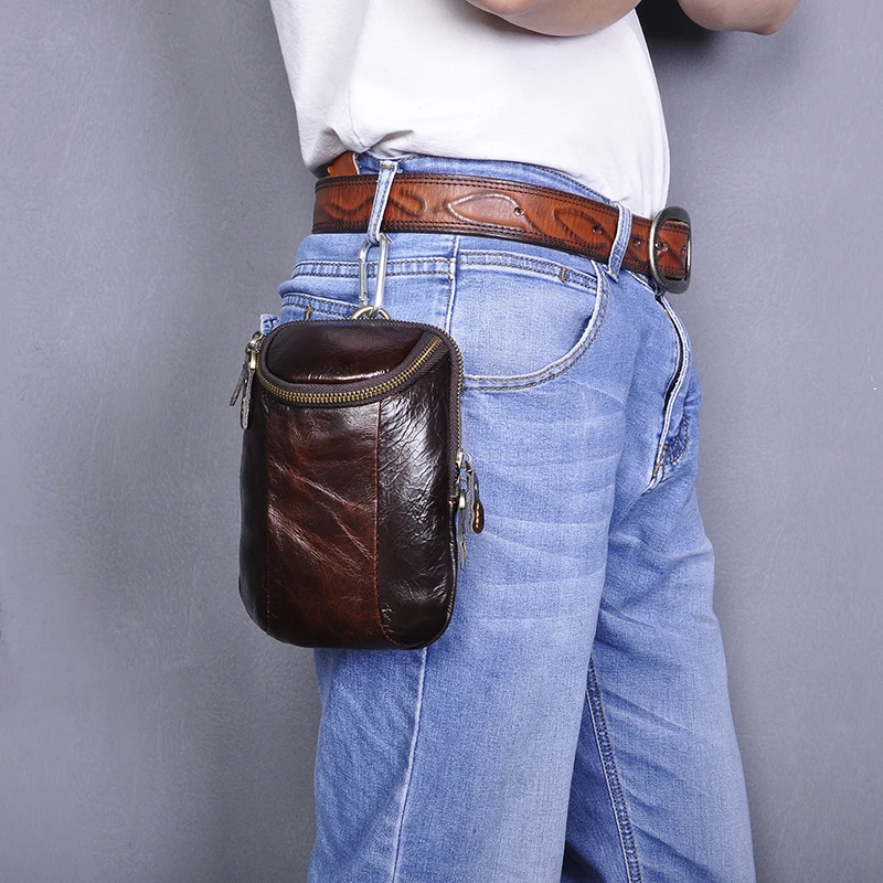 New Quality Leather men Casual Fashion Small Shoulder Messenger Bag Designer Hook Fanny Waist Belt Pack Cigarette Case 611-25-d