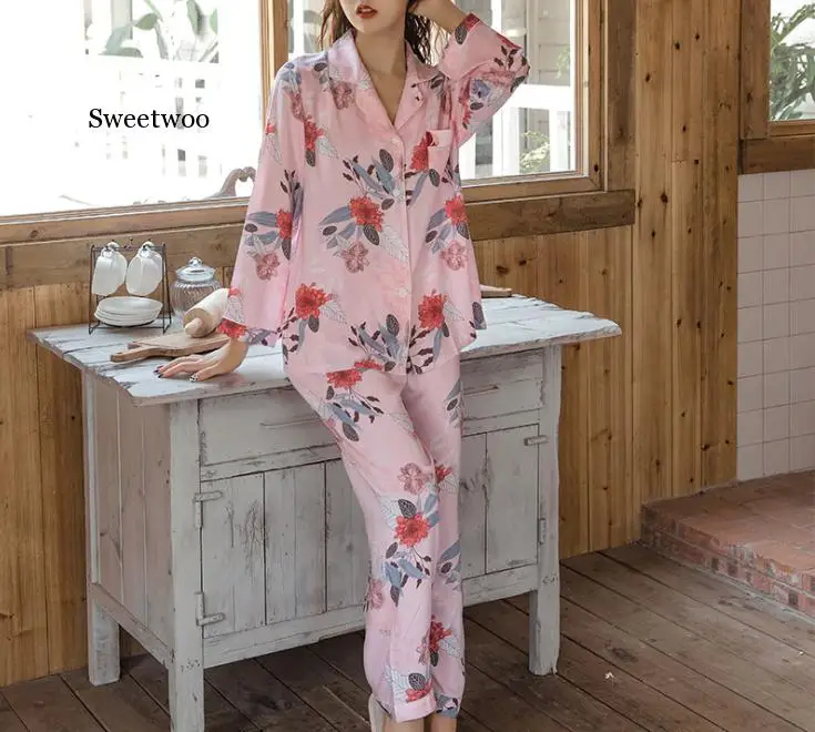 Cotton Pajamas Floral Long Sleeve Pajamas Women Print Sexy Top  Pajama Beauty Lounge Wear Home Clothes Sleep Set