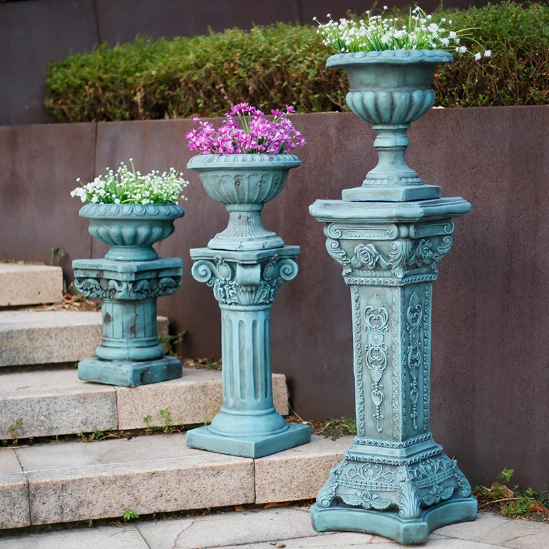 European Retro Distressed Flowerpots Goblet Vases Roman Column Cement Ornaments Outdoor Garden Park Courtyard Sculpture Crafts