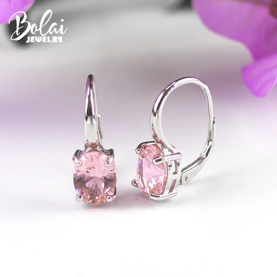 

Bolai 9*7mm Nano Morganite Stud English Hook Clasp Earrings Real 925 Sterling Silver Jewelry for Woman Girl Simple Best Gift New