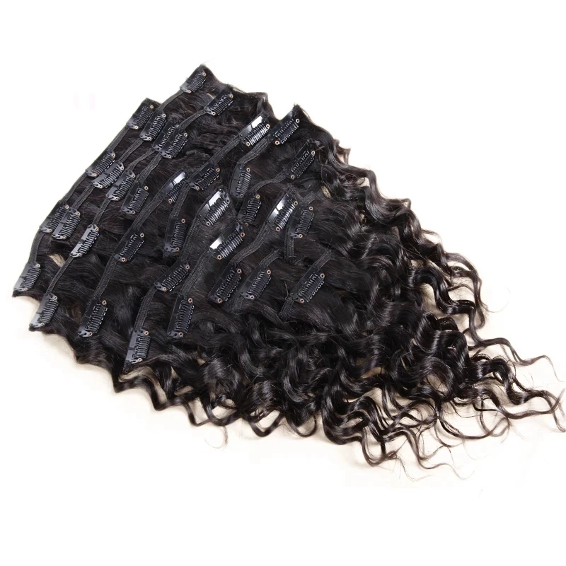 Clip de onda profunda en extensiones de cabello humano para mujer, pieza de cabello rizado de cabeza completa, negro Natural, 12-30 pulgadas, 8 unids/set, 200G