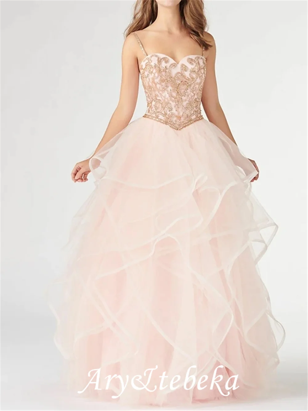 A-Line Open Back Formal Evening Dress Spaghetti Strap Sleeveless Floor Length Tulle with Beading Cascading Ruffles 2022