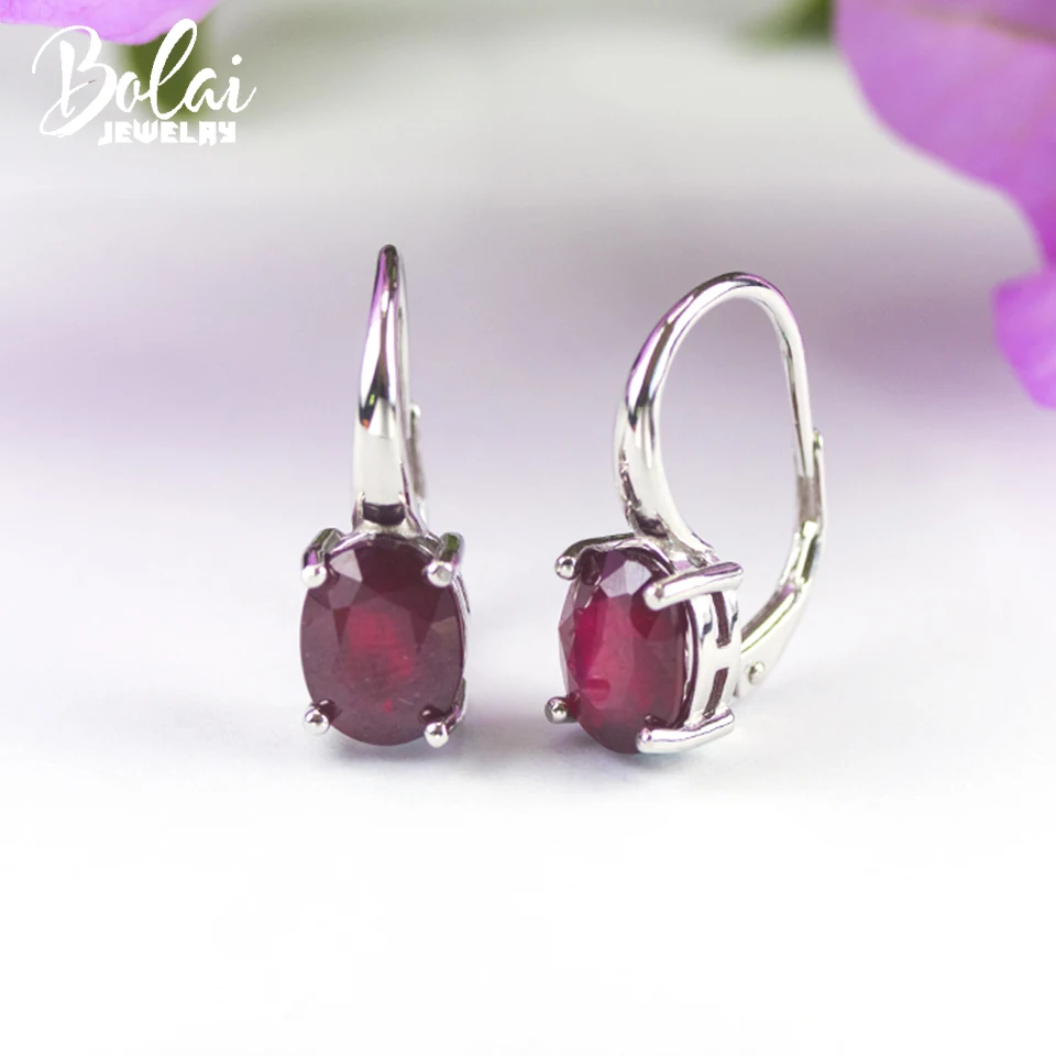 Bolai 9*7mm Natural Ruby Stud English Hook Clasp Earrings Real 925 Sterling Silver Precious Stone Jewelry for Woman Simple Gift