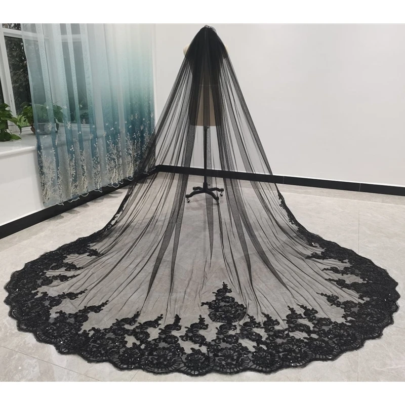 Black Bridal Veil with Comb Sequins Lace Tulle Wedding Accessories Cathedral Long Veils for Bride 3 5 Metres Velos de Novia