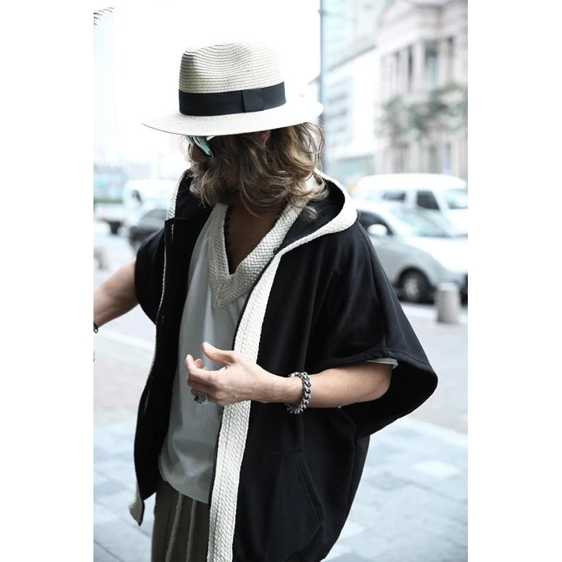 Men's coat Spring/Summer Hip hop loose-fitting hoodie cardigan Bat-Sleeved Short-sleeved T-shirt for men's thin casual c