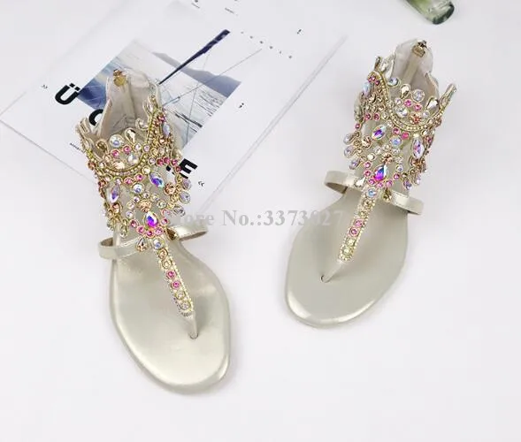 Crystal sandals Summer Flipflop bling bling rhinestone decor ankle strap Women sandals flat shoes female sandbeach dress shoes