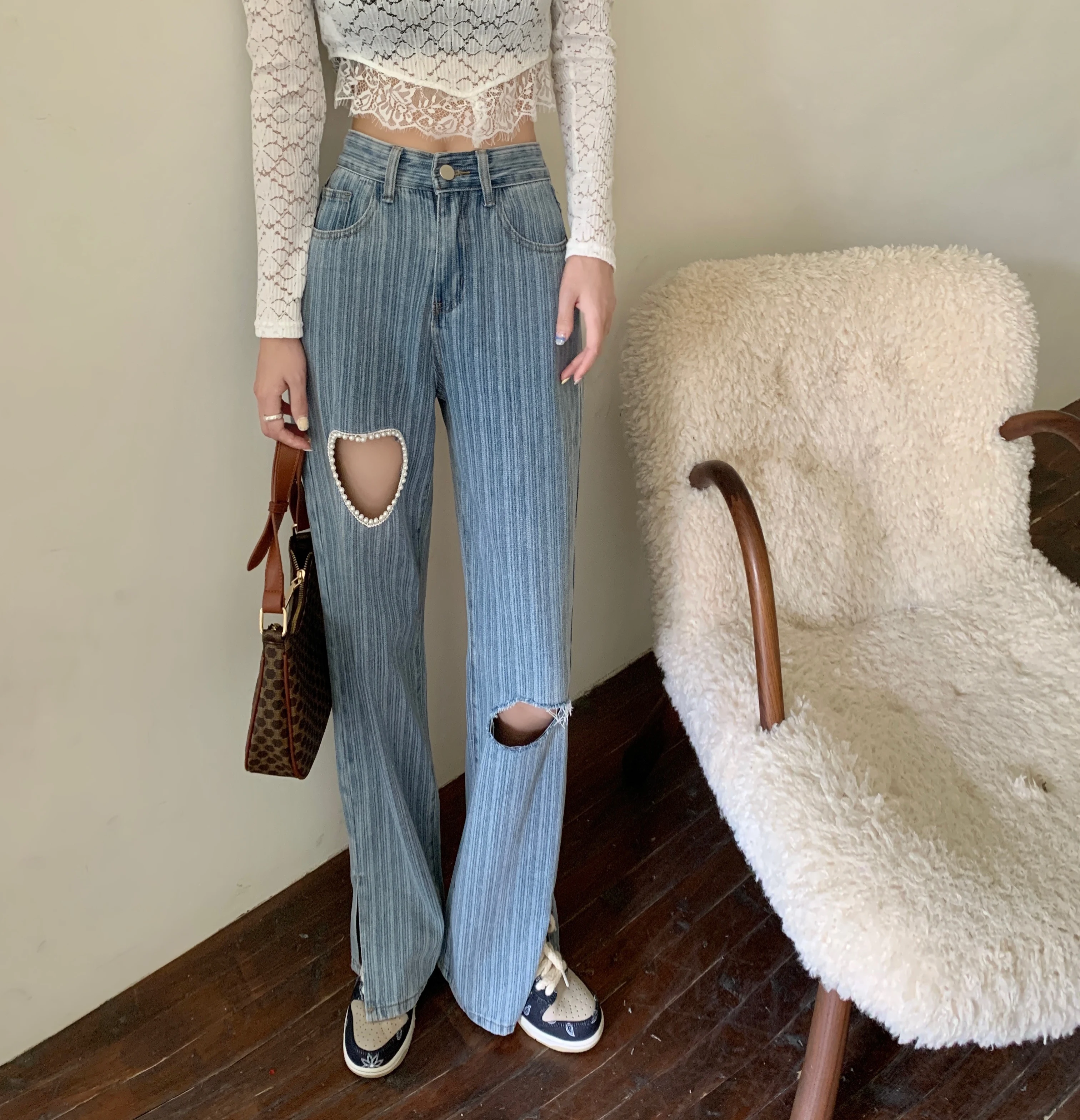 

2023 New Women Striped Heart Ripped Jeans High Waist Split Wide Leg Pants Blue Pearl Hole Girls Chic Thin Washed Jean Trousers