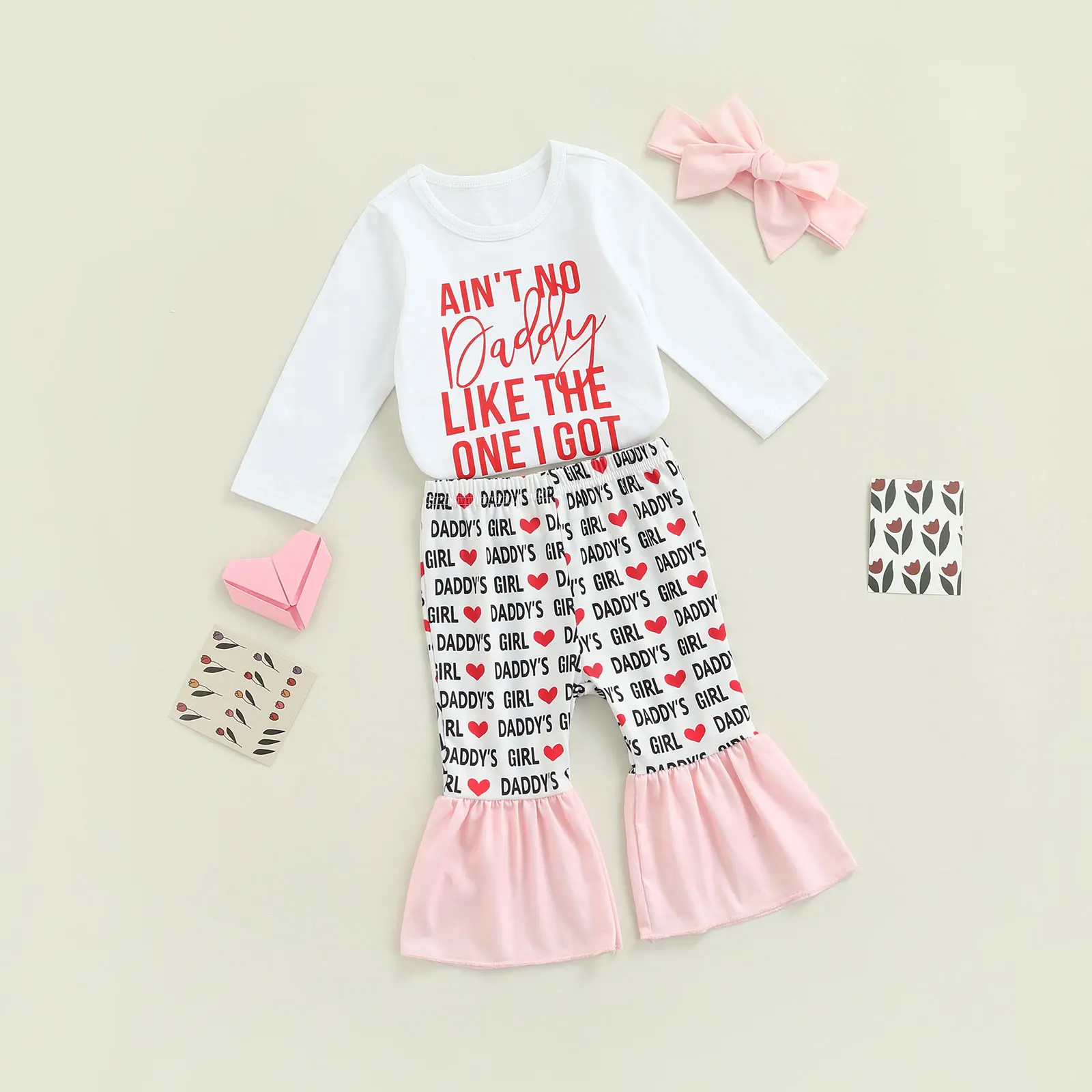 Valentine Day Outfits Baby Girls Letter Print Short Sleeve Round Neck Knotted T Shirt Baby Girls Flared Pants Headband Sets