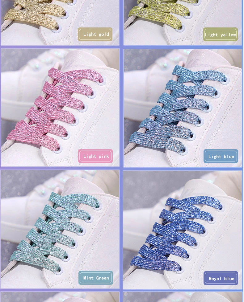 Bunte funkelnde flache Schnürsenkel für sportliche Laufschuhe, Turnschuhe, Schuhe, Stiefelschnüre, glitzernde Schnürsenkel, 1 cm Breite, 1 Paar – Detail 11