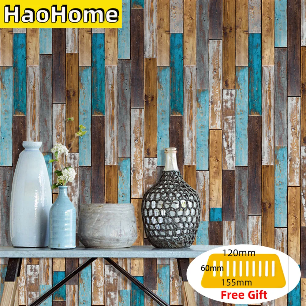 HaoHome Wood Grain Self Adhesive Wallpaper DIY PVC Film Peel and Stick Contact Paper Waterproof Floor Stickers For Home Deor