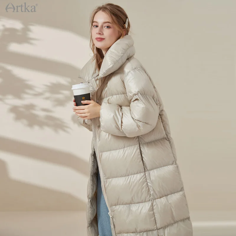 ARTKA 2021 Winter New Women Down Jacket 3 Color Fashion Glossy 90% White Duck Down Coat Loose Long Warm Down Jacket YK25011D