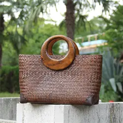 Bolso de mimbre hecho a mano, bolsa de paja tailandesa de 34x20CM, pequeño y fresco, Original, a6101