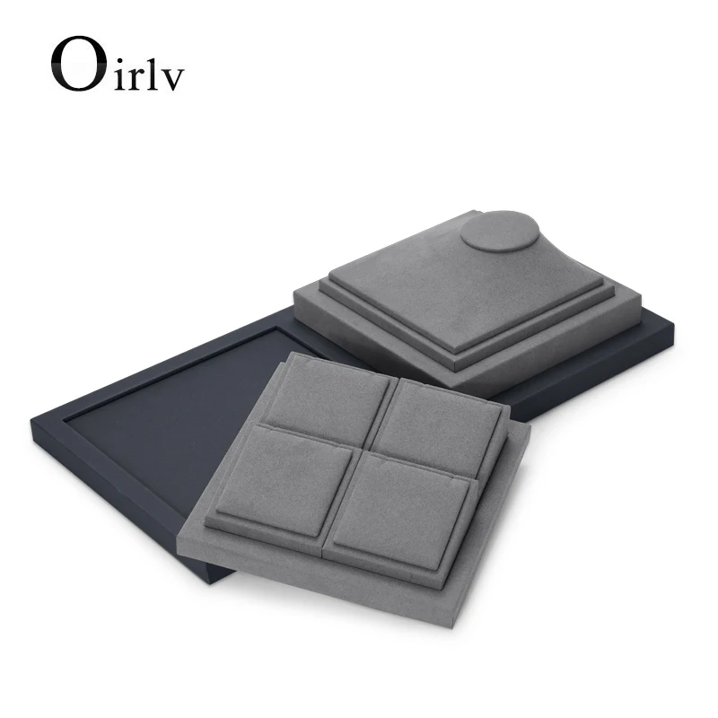 Oirlv Newly Gray PU Leather Jewelry Display Set with Microfiber Ring Display Stand Necklace Display for Shop Cabinet