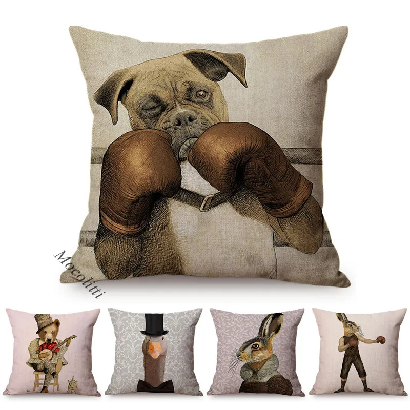 

Funny Animal Poster Pattern Decoration Cushions Cover Rabbit Cat Dog Hare Boxer Cotton Linen Sofa Chair Square Throw Pillow Case