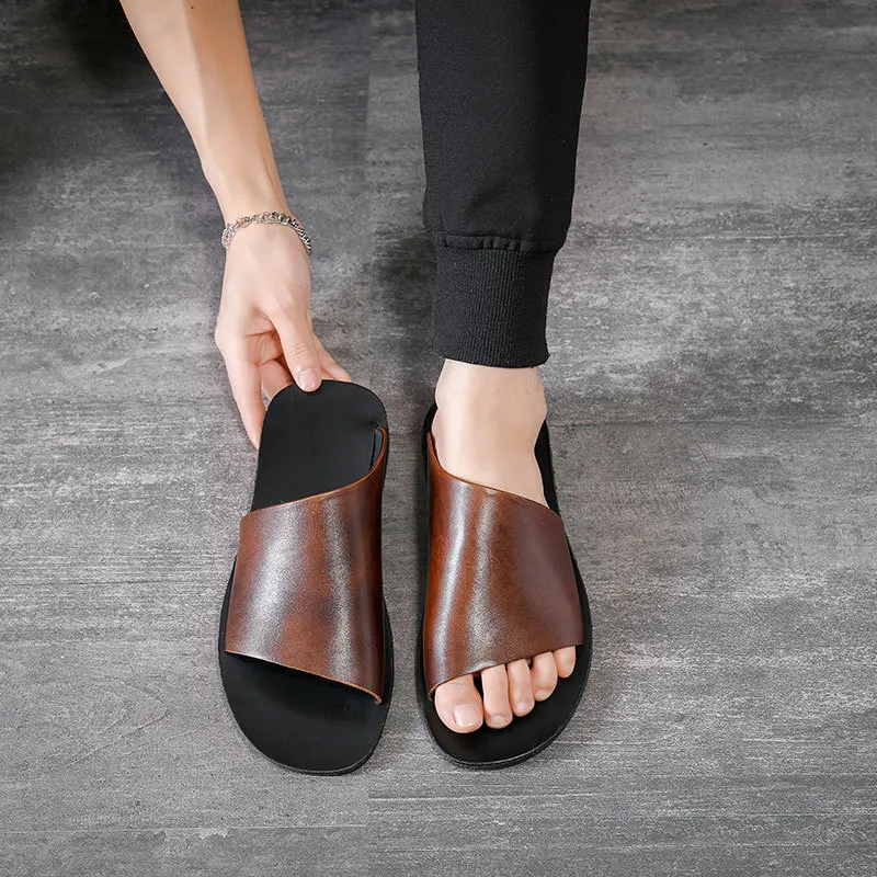 Mens Summer New Genuine Leather Classic Vintage Non-Slip Concise Fashion Male Slippers High Street Casual Korean Style