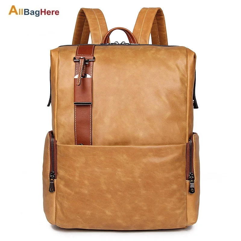 Leather Men Casual 17-Inch Laptop Backpack Travel Backpack Waterproof Men Top Quality Retro Genuine Cowhide First Layer Knapsack