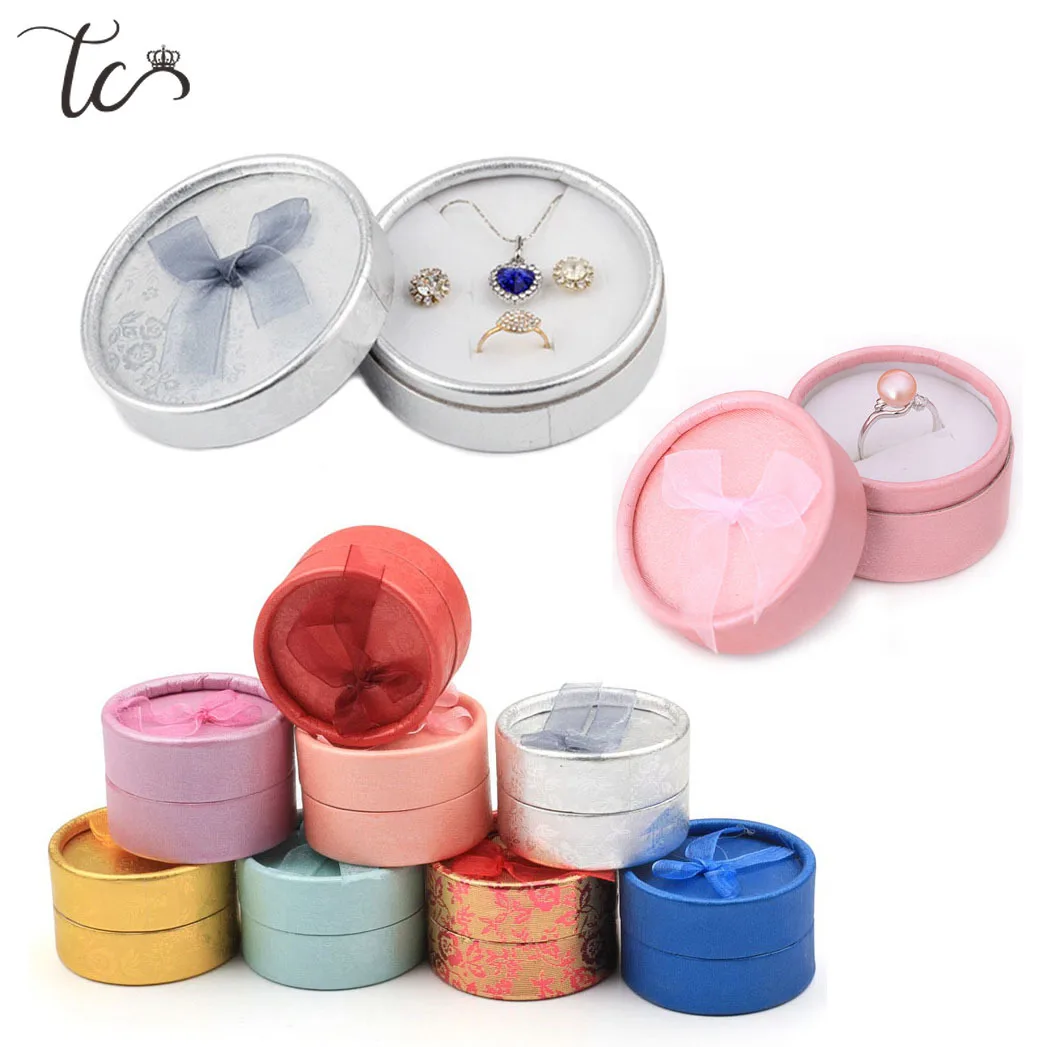 Jewelry Display Box Cardboard Necklace Earrings Ring Box Round Packaging Gift Box with Sponge Ribbon Wholesales 12/24pcs/Lot