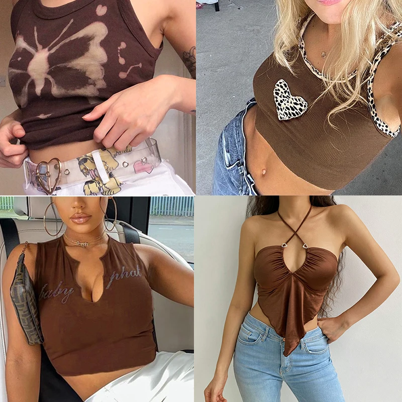 2023 Vintage Brown Halter Camisole Hollow Out Cyber Y2k Crop Top Women Gothic Sexy Aesthetic Fairy Corset Tank Camis 90s Clothes