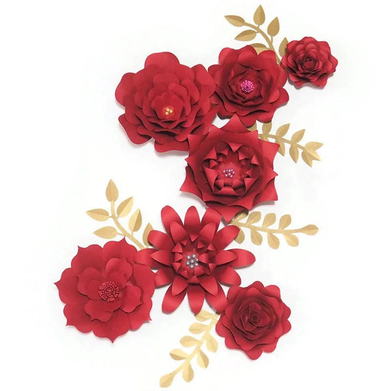 

2018 DIY 7pcs Red Giant Paper Rose 5 Leaves Flores Artificiales Fleur Artificielle 4 Wedding & Event Backdrop Zmas New Year Deco