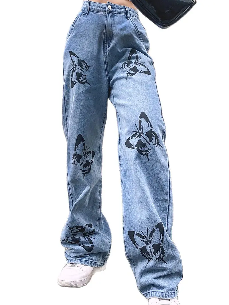 

2021 New Hot Sale Women Loose Jeans Fashion Butterfly Print Trousers Boyfriend Denim Long Pants Global Drop shipping S M L