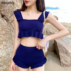 Bikini Set Women Ruffles Design stylowy Retro koreański styl nowo strój kąpielowy prosty wysokiej talii seksowna dzianina Bikini Ins stroje kąpielowe