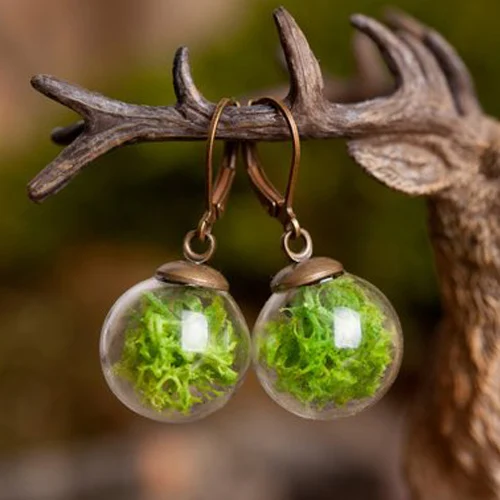 2Pairs 16MM Glass Ball Real Moss Earring Green Jewelry Natural Moss Dangle Earrings For Women