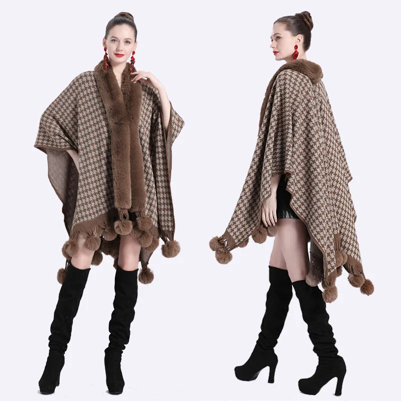 Fashion Faux Rex Rabbit Fur Knit Cape Coat Fur Ball Tassels Jacquard Cardigan Women Autumn Winter Shawl Wraps