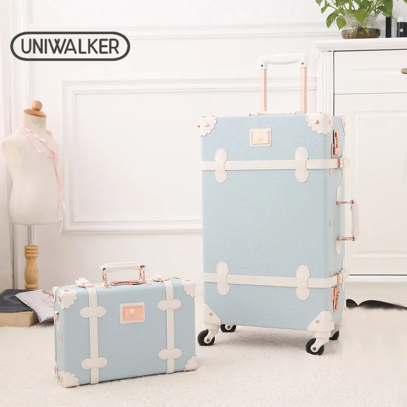 UNIWALKER Luce Blu Retro Trolley con Asta Regolabile Ruote Filatore Vintage Carino Valigia per Le Donne Portano Su