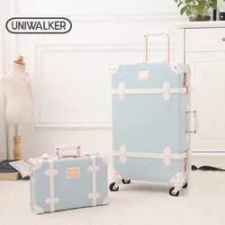 UNIWALKER-Equipaje rodante Retro azul claro para mujer, equipaje con varilla ajustable, ruedas giratorias, Maleta bonita Vintage para llevar