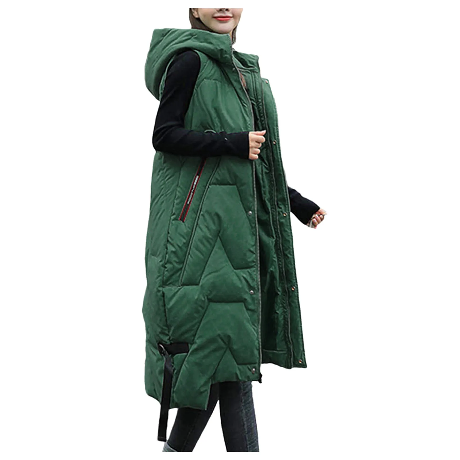 Long Winter Vest Women\'s Solid Hooded Pockets Zipper Padded Ladies Casual Sleeveless Jacket Warm Waistcoat for Female 2021 New