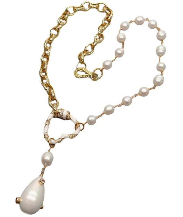 

HABITOO Natural White Rice Freshwater Pearl Chain Necklace Sea Shell Pearl Pendant 20inchs Jewelry for Women