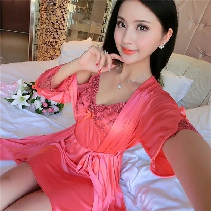 Robe Gown Sets Women Ice-silk Bow Lace Stylish Sexy Loose Nightwear Chic Thin Womens Bathrobe Home Casual Sleepwear Comfortable