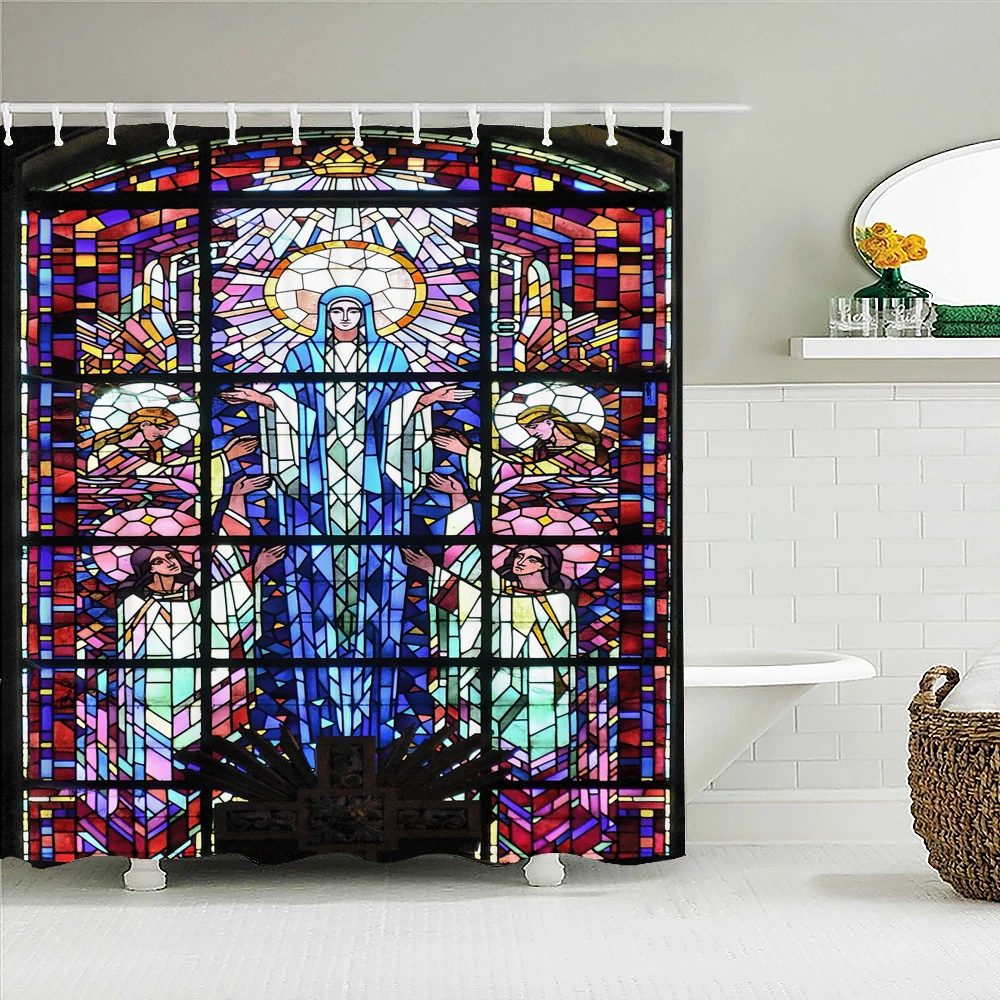 Waterproof Shower Curtain Retro Painted Church Fabric  Printing Colorful Geometry Bathroom Curtains for Bathroom Decor Curtains