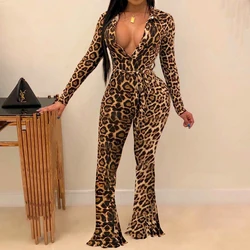 OMSJ 2023 Female Fashion Streetwear Leopard Print V-neck Long Sleeve Skinny Jumpsuits With Belt Hot Party Autumn Bodycon Rompers