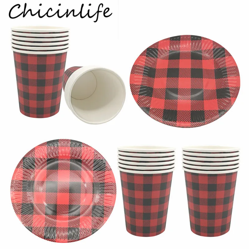 Chicinlife Buffalo Plaid Lumberjack Paper Plates Cups Disposable Tableware Kids Birthday Party Baby Shower woodland Party Decor