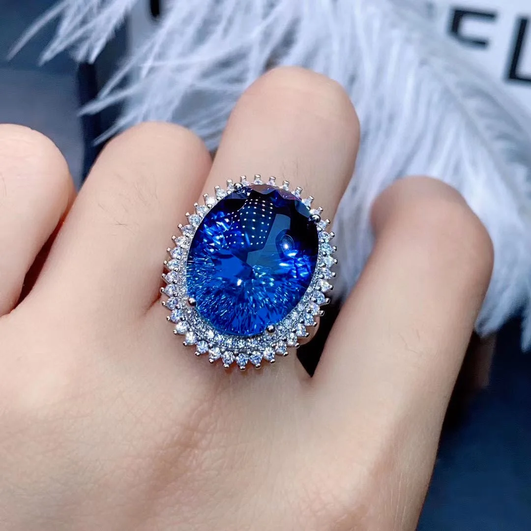 Big Oval 7 Carats Blue Crystal Sapphire Topaz Gemstones Diamond Rings for Women White Gold Silver Color Party Jewelry Bague Gift