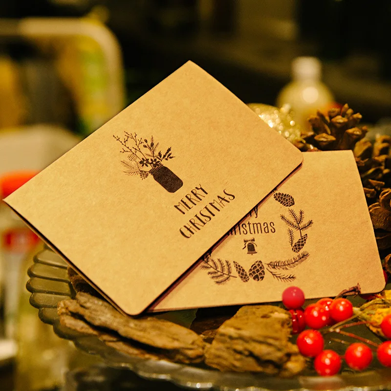 

5PCS Christmas Retro Kraft Paper Folding Type Greeting Card Party Invitations Gift Blank Message Cards New Year Blessing Cards