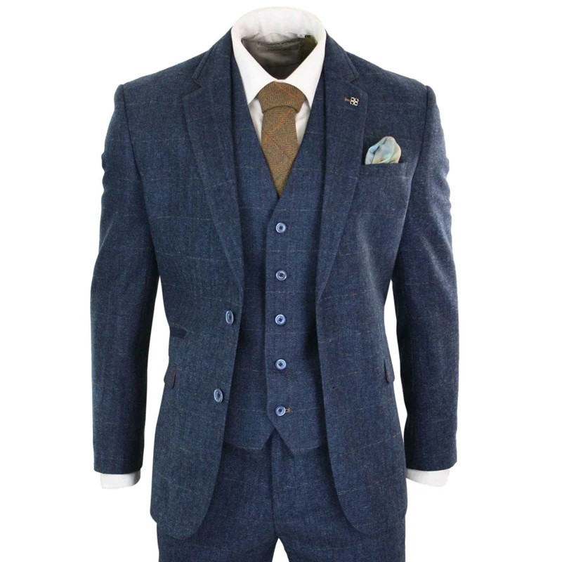 Men's Suit 3 PICS Suit Navy Lapel Wool Tweed Blend Stripe Herringbone Slim Fit Formal Wedding For Groommen (Blazer+Vest+Pants)